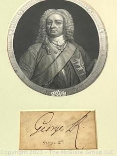 Framed Under Glass Oversized Signature King George II (1683 - 1760) with Oval Steel Engraving.  King Of Great Britain And Ireland, Duke Of Brunswick-Lüneburg (Hanover) and  Prince-Elector Of The Holy Roman Empire From 1727 until His Death In 1760. 11 x 13"