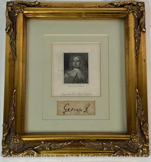 Framed Under Glass Oversized Signature King George I (1660 - 1727) With Oval Steel Engraving. King Of Great Britain and Ireland from 1714 and Ruler of the Electorate Of Hanover Within The Holy Roman Empire From 1698 Until His Death In 1727. He Was The First British Monarch of The House Of Hanover . 11 x 13"