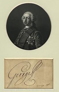 Framed Under Glass Oversized Signature King George III (1738 - 1820) With Oval Steel Engraving. King Of Great Britain and Ireland from October 1760 Until His Death in January 1820. 11 X 13"