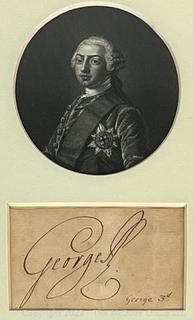 Framed Under Glass Oversized Signature King George III (1738 - 1820) With Oval Steel Engraving. King Of Great Britain and Ireland from October 1760 Until His Death in January 1820. 11 X 13"