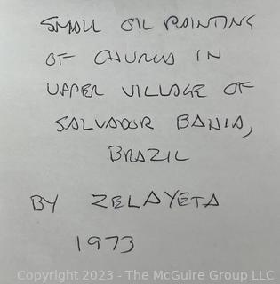 Framed Oil on Canvas of Church In Upper Village of Salvador Bahia, Brazil Signed by Artist Miguel Ángel Zelayeta, 1973. 8.5 x 11"