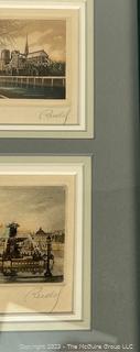 Set of Three (3) Framed Under Glass Color Lithographs of Paris Signed by Artists. 10 x 21"