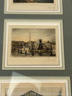 Set of Three (3) Framed Under Glass Color Lithographs of Paris Signed by Artists. 10 x 21"