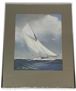 Framed Under Glass of Sailboat At Sea, Gouache on Canvas Signed By Artist Leon Haffner 
(1881-1972) France. 18" x 25".