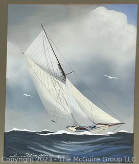 Framed Under Glass of Sailboat At Sea, Gouache on Canvas Signed By Artist Leon Haffner 
(1881-1972) France. 18" x 25".