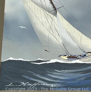 Framed Under Glass of Sailboat At Sea, Gouache on Canvas Signed By Artist Leon Haffner 
(1881-1972) France. 18" x 25".