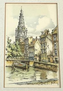 Three (3) Framed Color Lithograph Postcards of Amsterdam by HM Hoefman.  7.5 x 24"