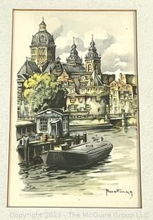 Three (3) Framed Color Lithograph Postcards of Amsterdam by HM Hoefman.  7.5 x 24"