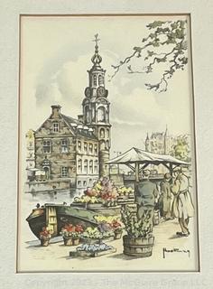 Three (3) Framed Color Lithograph Postcards of Amsterdam by HM Hoefman.  7.5 x 24"