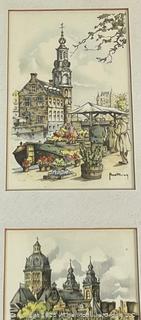 Three (3) Framed Color Lithograph Postcards of Amsterdam by HM Hoefman.  7.5 x 24"