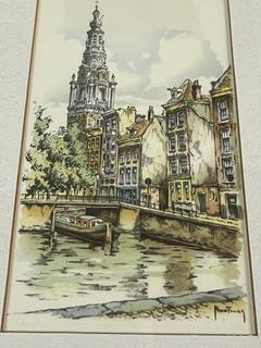 Three (3) Framed Color Lithograph Postcards of Amsterdam by HM Hoefman.  7.5 x 24"