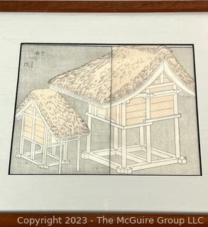 Framed Under Glass Wood Block Print of House, Illustrated Page from "The Aesthetics of Taxonomy: Hokusai’s Manga" (1814-1878). 15 x 12"