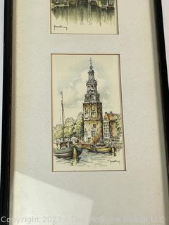 Three (3) Framed Color Lithograph Postcards of Amsterdam by HM Hoefman.  7.5 x 24"