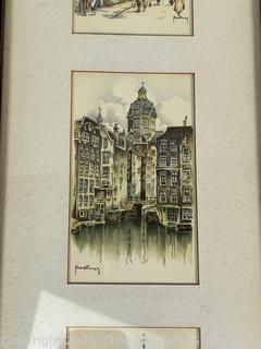 Three (3) Framed Color Lithograph Postcards of Amsterdam by HM Hoefman.  7.5 x 24"