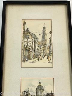 Three (3) Framed Color Lithograph Postcards of Amsterdam by HM Hoefman.  7.5 x 24"