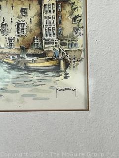 Three (3) Framed Color Lithograph Postcards of Amsterdam by HM Hoefman.  7.5 x 24"