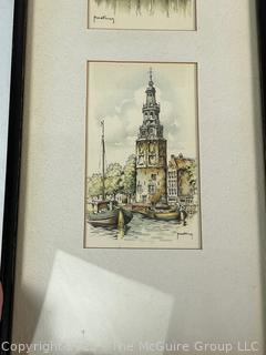 Three (3) Framed Color Lithograph Postcards of Amsterdam by HM Hoefman.  7.5 x 24"