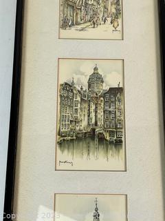 Three (3) Framed Color Lithograph Postcards of Amsterdam by HM Hoefman.  7.5 x 24"