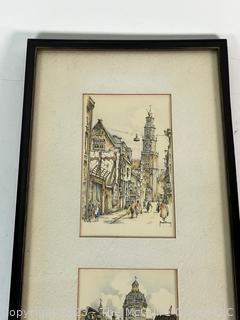 Three (3) Framed Color Lithograph Postcards of Amsterdam by HM Hoefman.  7.5 x 24"