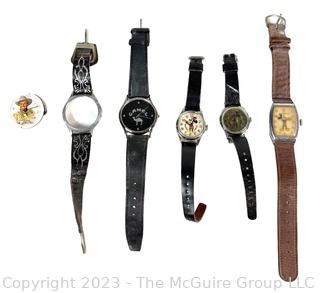 Five (5) Vintage Character and Promotional Wristwatches Including 1948 Gene Autry Watch, Disney Mickey Mouse and Camel Cigarettes. 