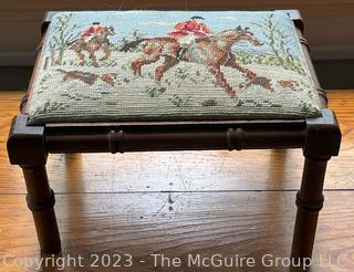 Antique Wood Stool with Horse Themed Needle Point Top