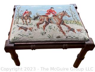 Antique Wood Stool with Horse Themed Needle Point Top