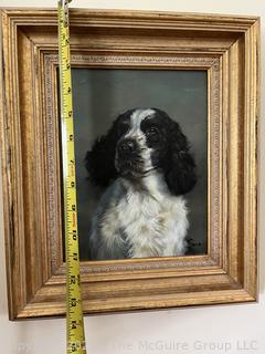 Gilt Framed Oil on Board Painting of Black and White Springer Spaniel Signed By Artist Sun. 12 x 14"