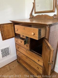 Carved Oak Chest Of Drawers and Cabinet with Seven Drawers, Two  Doors and Mirror. 