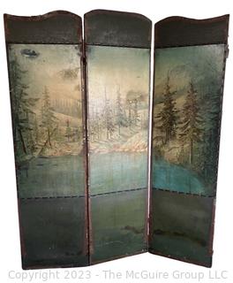 Antique Three (3) Panel Leather Screen Room Divider with Painted Landscape Scene and Nail Head Trim. 54W x 65"T {NO SHIPPING}