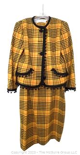 Vintage Bill Blass Yellow and Black Houndstooth Wool Suit with Pom Pom Trim, Size 8
