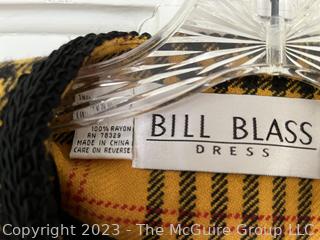 Vintage Bill Blass Yellow and Black Houndstooth Wool Suit with Pom Pom Trim, Size 8
