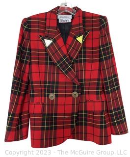 Vintage 1980's Sylph Saks Fifth Avenue Wool Red Plaid Jacket with Brass Trim.  Some Damage. 