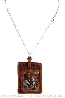 Modernist Copper on Wood Pendant Necklace on Sterling Silver 18" Chain. 