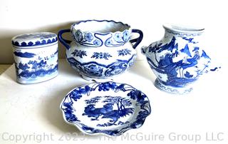 Four (4) Pieces of Blue and White Porcelain Decorative Ware. 