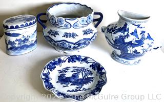 Four (4) Pieces of Blue and White Porcelain Decorative Ware. 