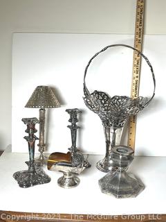 Silver Plate Serving and Decorative Items Including Basket Style Vase. 