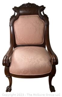 Louis XV Style Mahogany Pink Upholstered Arm Chair. Damaged Arm. First of two offered in this auction (2/2)