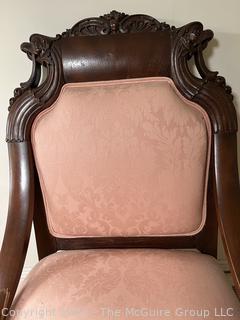 Louis XV Style Mahogany Pink Upholstered Arm Chair. Damaged Arm. First of two offered in this auction (2/2)