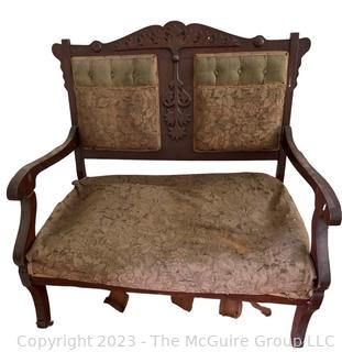 Victorian Eastlake Upholstered Parlor Settee.  Condition issues. 