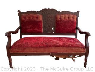 Red Velvet Louis XVI Style Settee With Carved Wood Frame