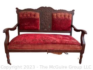 Red Velvet Louis XVI Style Settee With Carved Wood Frame