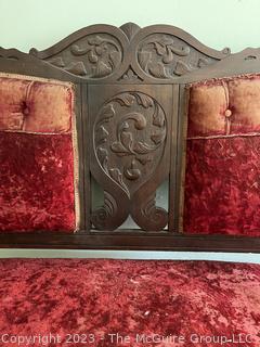 Red Velvet Louis XVI Style Settee With Carved Wood Frame