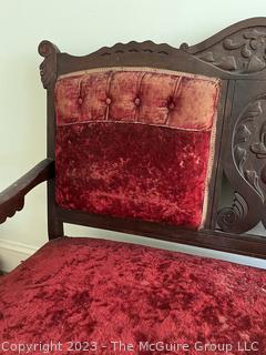 Red Velvet Louis XVI Style Settee With Carved Wood Frame