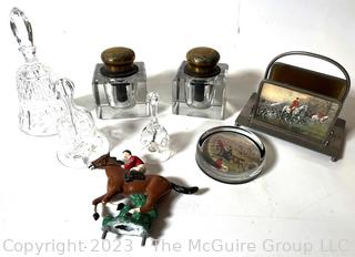 Collection Including Crystal Inkwells, Crystal Hand Bells and Horse Themed Desk Items.