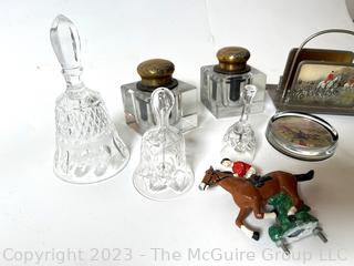 Collection Including Crystal Inkwells, Crystal Hand Bells and Horse Themed Desk Items.