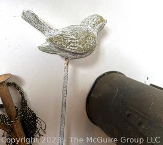 Group Including Brass Horn and Cast Iron Birds 