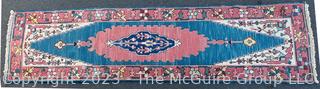 Hand Woven Wool Runner Area Rug, Pink on Blue Ground.  32" x 12"