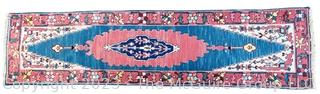 Hand Woven Wool Runner Area Rug, Pink on Blue Ground.  32" x 12"