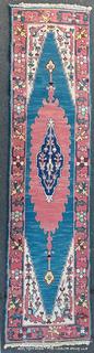 Hand Woven Wool Runner Area Rug, Pink on Blue Ground.  32" x 12"