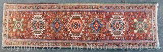 Hand Woven Wool Persian Heriz Runner Area Rug on Red Ground and Green Edge.  29" x 100"